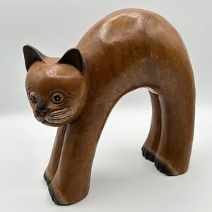 Hand Carved Wooden Cat Figurine Unique Pose Home Decor Accent